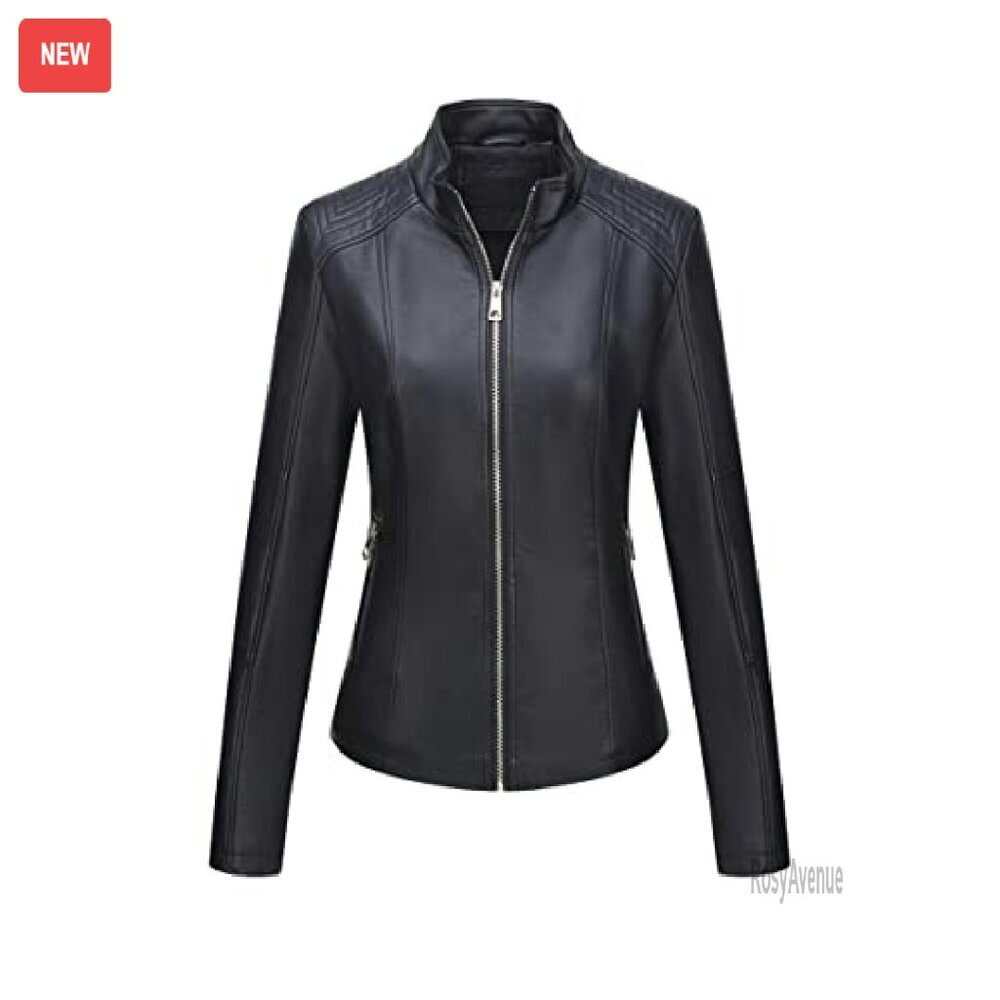 Faux Leather Motorcycle Jacket with Quilted Design and Pockets - Picture 8 of 8